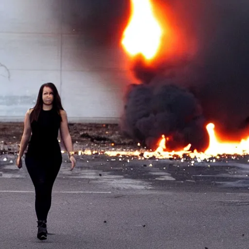 Image similar to Savage photo of a pretty! woman wearing black walking away from an explosion, majestic!!