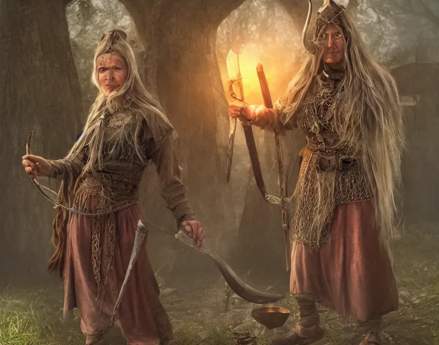 Prompt: a female viking seer witch in the village. Highly detailed. 8k. Fantasy horror.