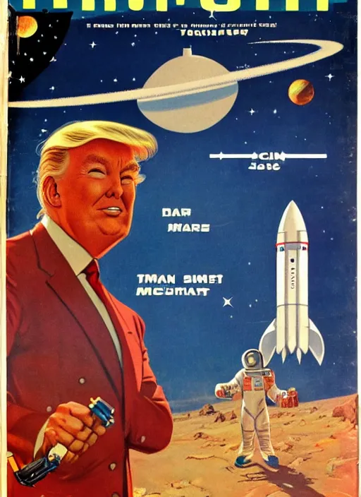 Prompt: 5 0 s sci fi pulp magazine cover of donald trump astronaut on mars holding a ray gun by norman rockwell, by drew struzan, high res