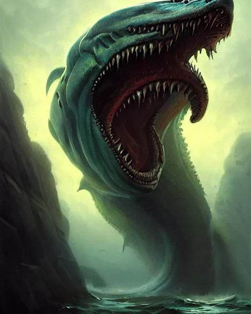 Image similar to anthropomorphic sea monster, leviathan | | terrifying, realistic shaded, fine details, realistic shaded lighting poster by greg rutkowski, diego gisbert llorens, magali villeneuve, artgerm, jeremy lipkin and rob rey