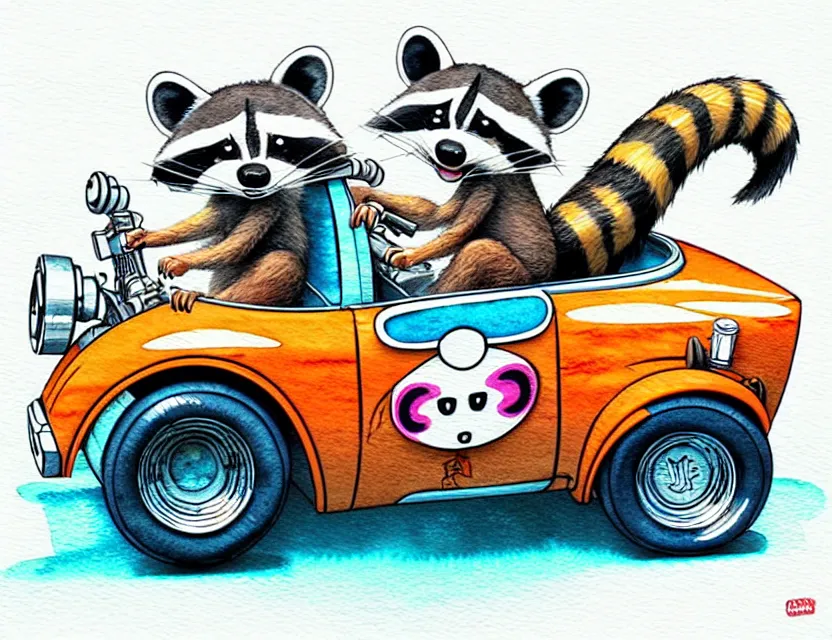 Image similar to cute and funny, racoon riding in a tiny hot rod with oversized engine, ratfink style by ed roth, centered award winning watercolor pen illustration, isometric illustration by chihiro iwasaki, edited by range murata, tiny details by artgerm and watercolor girl, symmetrically isometrically centered