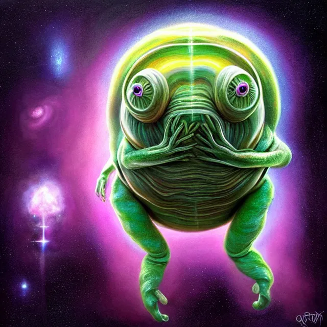 Image similar to a highly detailed tardigrade, it has rainbow hair and a beautiful unconventional face, floating through deep space, elegant, hyperrealistic, digital painting, artstation, realism, concept art, pop, smooth, mythological, sharp focus, qualia, illustration, art by mark ryden 3 d 8 k ultra detailed