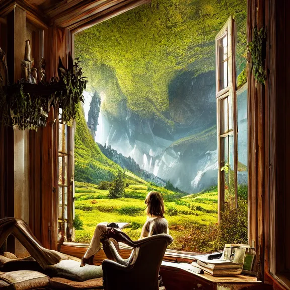 Image similar to fantastical living room with switzerland landscape in the window by marc adamus, beautiful dramatic lighting, overgrown with funghi, style by peter deligdisch, peterdraws