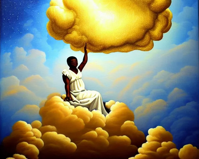 Prompt: terry davis is sitting on the clouds, terry has golden nimbus over his head, terry wears white dress, detailed painting