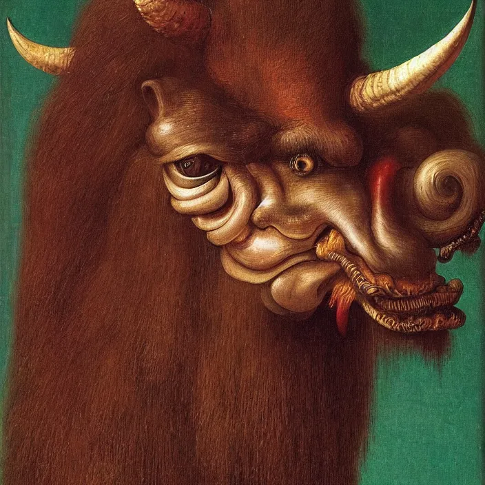 Image similar to close up portrait of a mutant monster creature with giant protruding eyes bulging out of their eye sockets, exotic orchid - like mouth, long colorful hair growing out of the nostrils, antelope horns. by jan van eyck, audubon