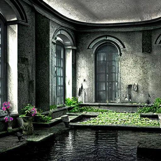 Image similar to hyperrealism photography computer simulation visualisation of parallel dark universe detailed old bath in the detailed ukrainian village garden in dramatic scene from art house futuristic movie by taras shevchenko and alejandro jodorowsky and andrei tarkovsky