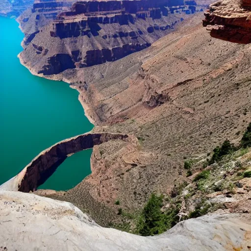 Prompt: A canyon with a massive lake at the bottom of it with a massive human hand emerging from the lake.