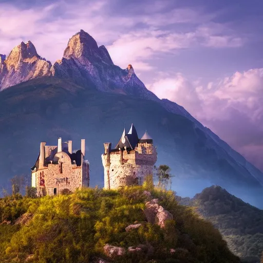 Image similar to a photo of a castle covered by nature, cinematic, very detailed, 8 k uhd, mountains in the horizon