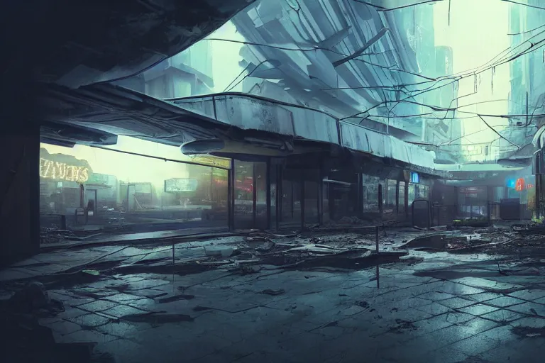 Prompt: low angle photo of a abandoned cyberpunk shopping mall, a crew of high tech soldiers are in, cinematic lightning, ray tracing, unreal engine, photorealistic fps game concept art, detailed, dark, moody, foggy