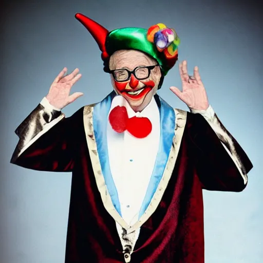 Image similar to UHD candid photo of Bill Gates dressed as a Court Jester, wearing extremely accurate clown makeup, accurate face, UHD, photorealistic, correct face, photo by Annie Leibowitz