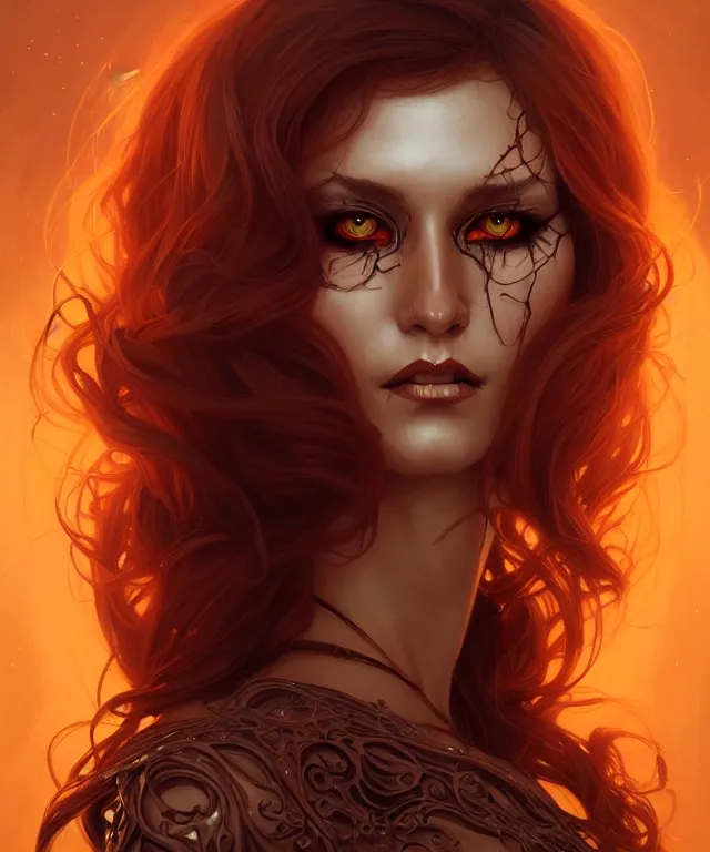 Image similar to Halloween woman portrait, sci-fi, amber eyes, face, long hair, fantasy, intricate, elegant, highly detailed, digital painting, artstation, concept art, smooth, sharp focus, illustration, art by artgerm and greg rutkowski and alphonse mucha