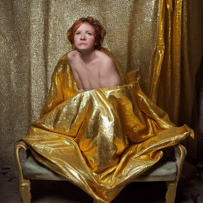 Image similar to a color photograph, closeup portrait of a woman wrapped in a gold mylar foil blanket, sitting on a throne in an abandoned coffee shop, color photograph, by vincent desiderio, canon eos c 3 0 0, ƒ 1. 8, 3 5 mm, 8 k, medium - format print