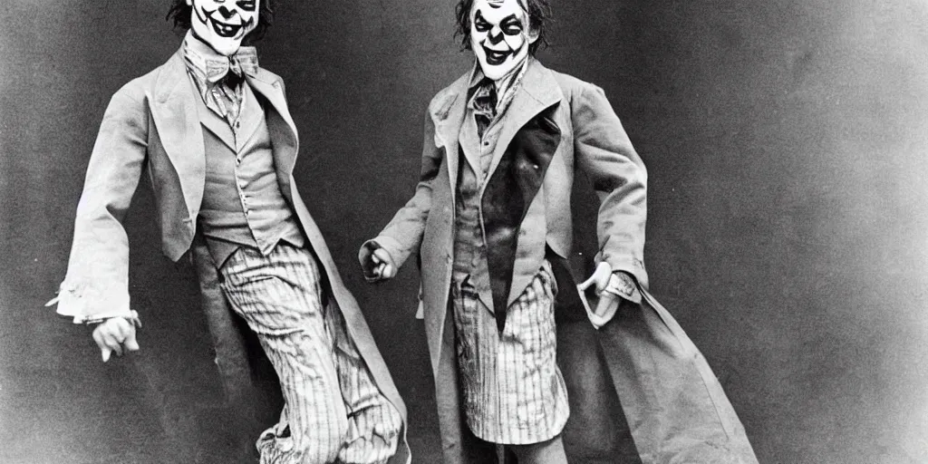 Image similar to joker wearing clothes in the style of directoire style, photograph, grinning, creepy,