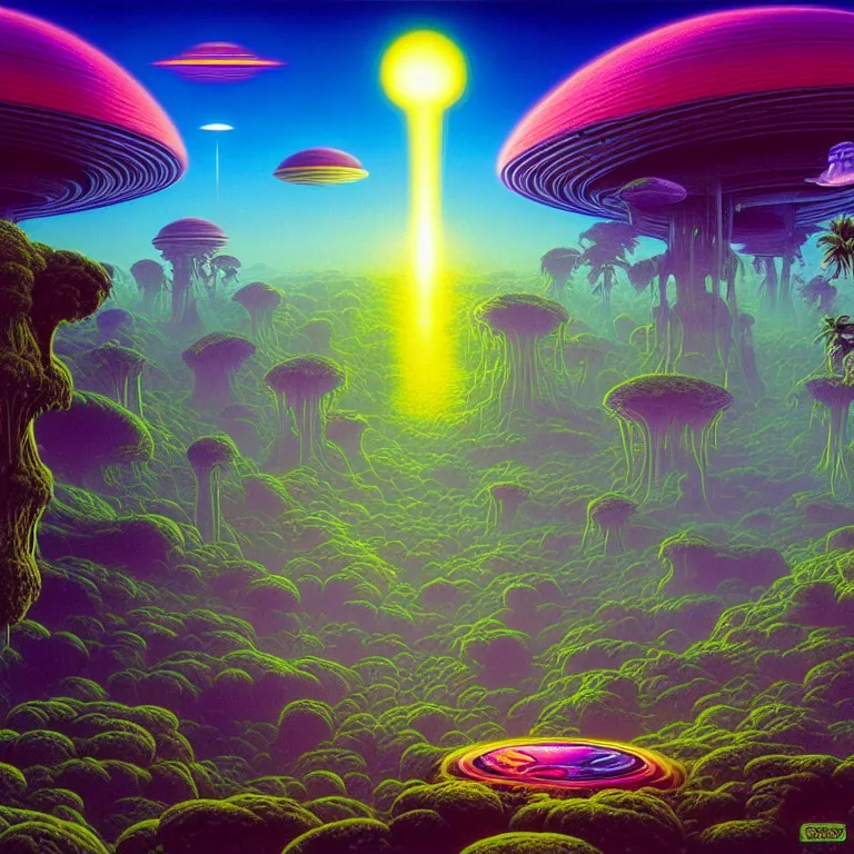 Image similar to mysterious ancient dieties hovering over magical quantum jungle, infinite psychic waves, synthwave, bright neon colors, highly detailed, cinematic, wide angle, tim white, michael whelan, roger dean, bob eggleton, lisa frank, vladimir kush, kubrick, kimura, isono