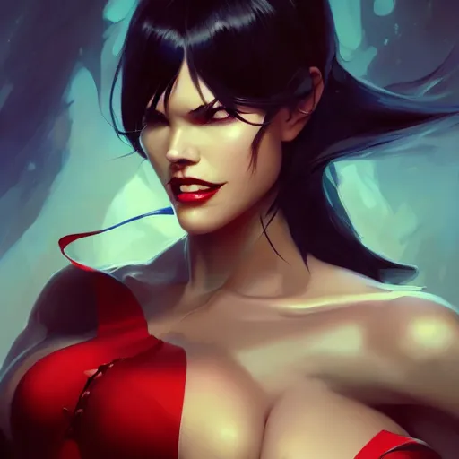 Image similar to a beautiful portrait of a beautiful vampirella, concept art by pete mohrbacher and guweiz and ilya kuvshinov, digital art, highly detailed, intricate, sharp focus, trending on artstation hq, deviantart, unreal engine 5, 4 k uhd image