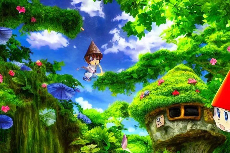 Image similar to anime gnome, mushroom house, under lush green plants and flowers, hyper realism, macro shot, blue sky, sunny, bright colors,