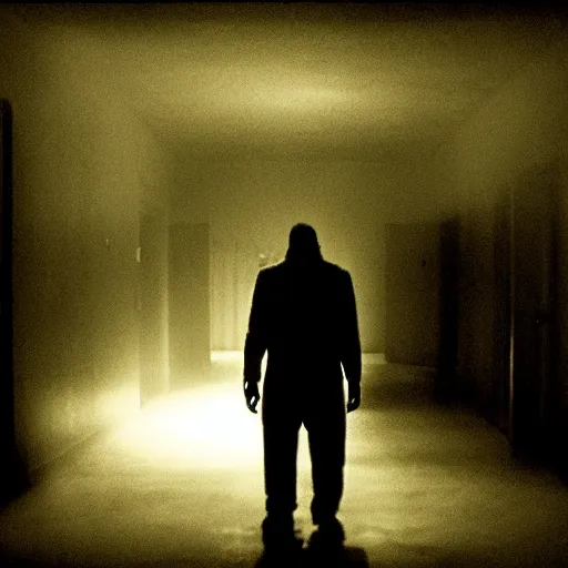 Image similar to A monster is standing in a dimly lit hallway, terrifying visuals, horror elements, dark ambiance.