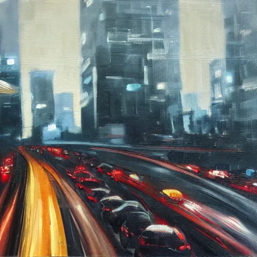 Prompt: oil painting, a traffic jam with some very angry drivers on a futuristic city