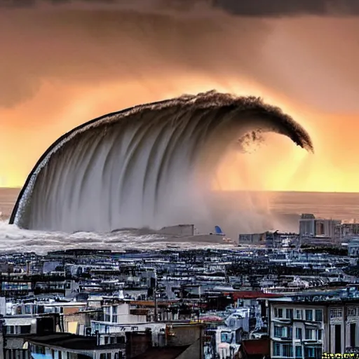 Prompt: ! stunning photo gigantic tsunami landing on city above buildings