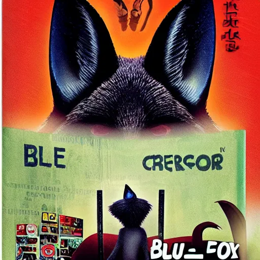 Image similar to blu-ray movie box cover for a horror film featuring an anthropomorphic black foxes dressed in casual clothing