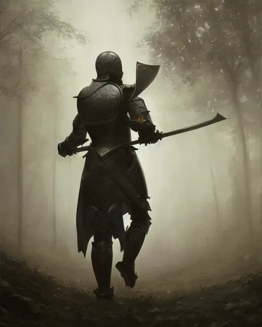 Image similar to Hyper realistic painting of a knight in rusty full plate armor wielding a greatsword, hyper detailed, surrounded by a dark forest, fog, moody, cinematic lighting, dim blue lighting, by greg rutkowski, trending on artstation