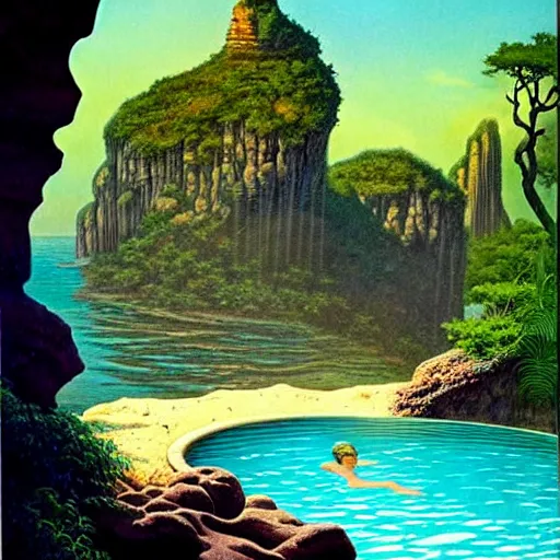 Image similar to Fantasy illustration by Clyde Caldwell You step to the edge of the rocky opening and peer over. You see a tranquil pool of water and a sandy beach 20 feet below. The opening’s bottom leads to a cave, its verdant flora a stark contrast to the rocky sides. You hear chirruping animals sounds emanating from the opening.