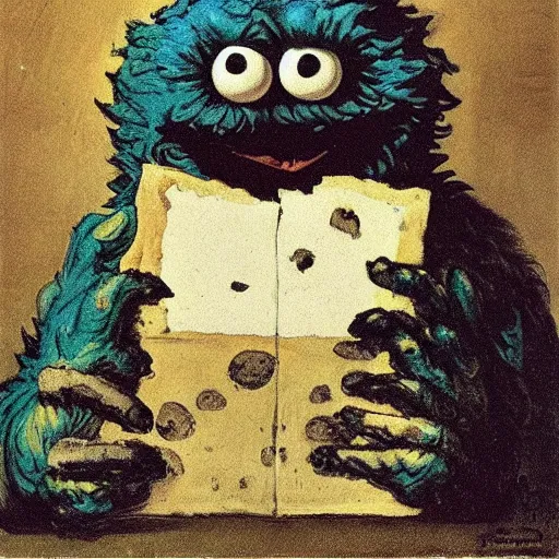 Image similar to cookie monster devouring his cookies, by francisco goya