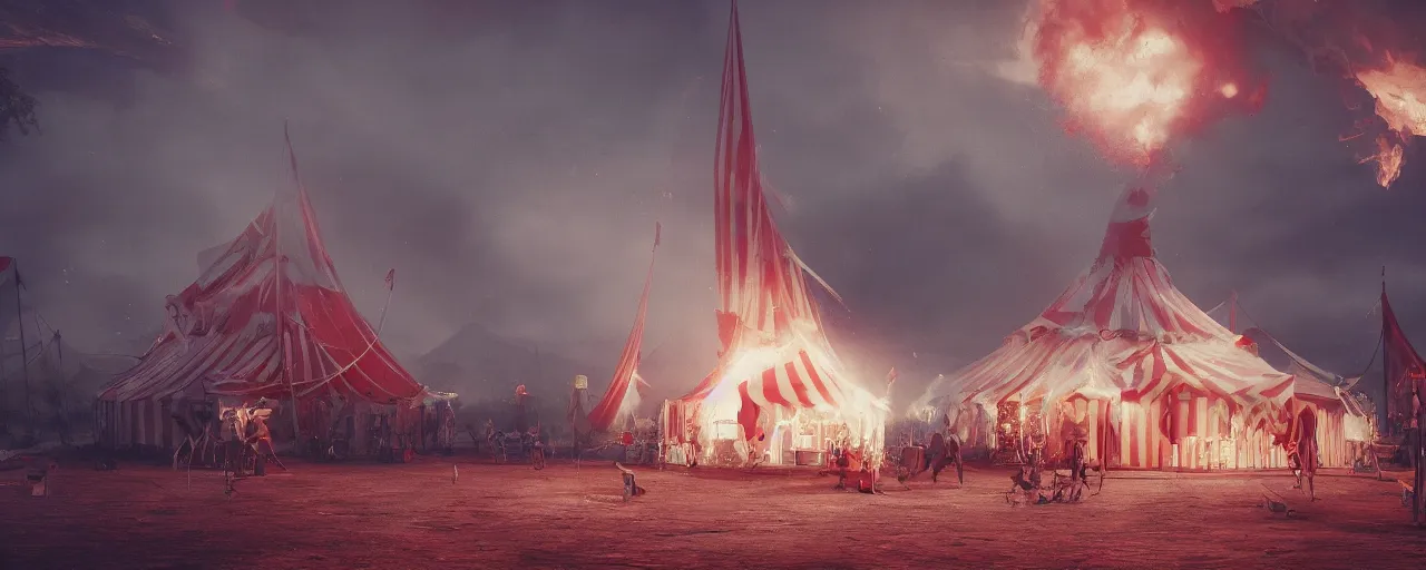 Image similar to red and white circus tent on fire, wide angle, matte painting, concept art, cgsociety, octane render, trending on artstation, artstationHD, artstationHQ, unreal engine, 4k, 8k