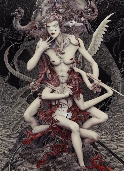 Prompt: battle between good and evil , battle between angels and demons, by and Austin Osman Spare and Takato Yamamoto and Vania Zouravliov and Yoshitaka Amano, high resolution, rendered in octane 3d, ultra detailed