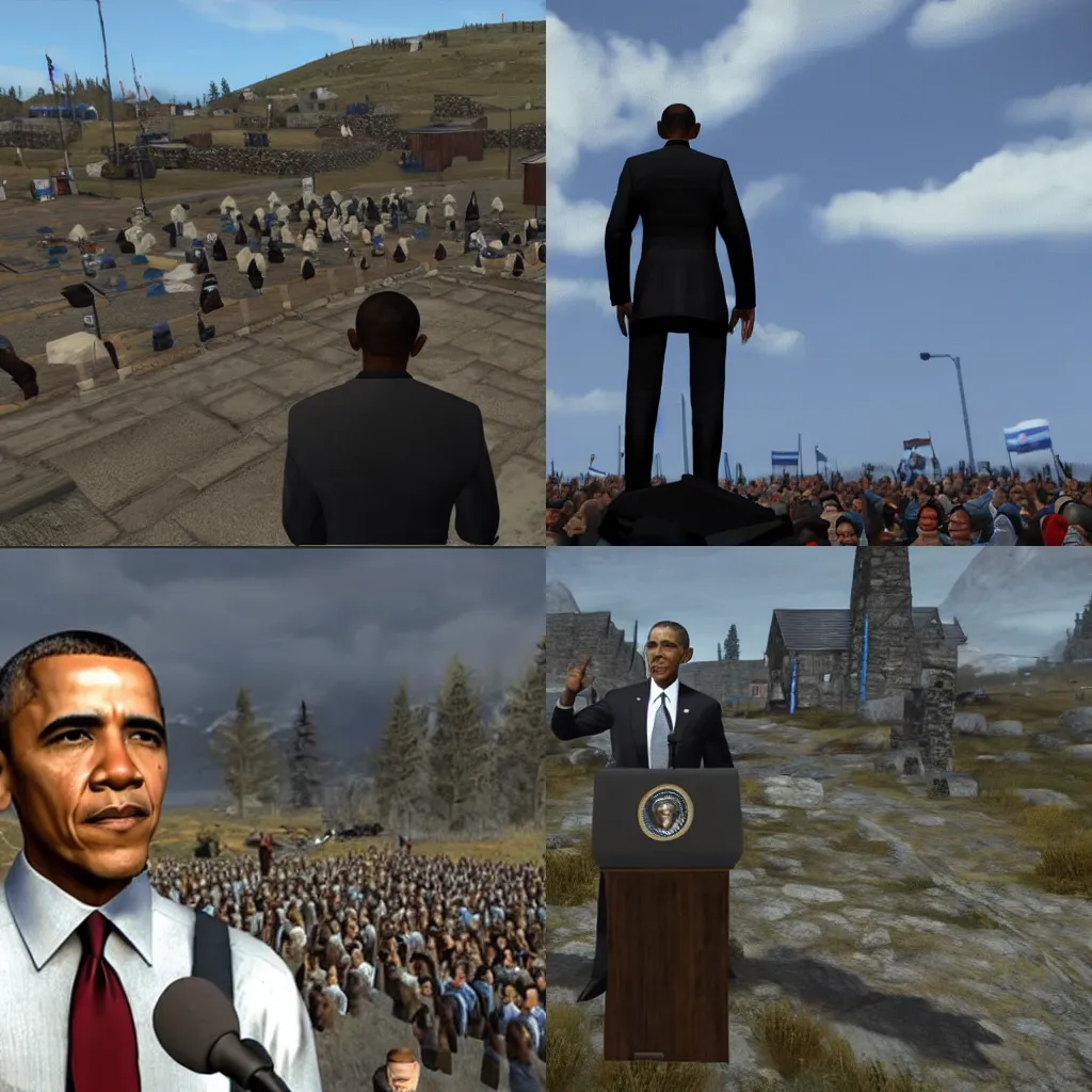 Prompt: screenshot of Barack Obama as an NPC in Syrim, Whiterun, giving a speech to a crowd