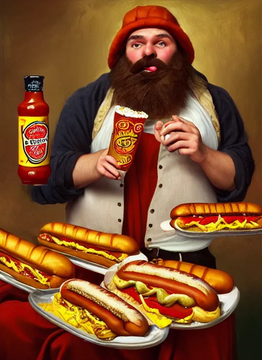 Prompt: large octoberfest invite card, bearded man serenading delicious hot dogs, mustard, ketchup, crowded bar, photoshoot, 4 k, hyper realistic, natural, highly detailed, digital illustration, trending in artstation, classical painting, smooth, sharp focus art by ilya repin