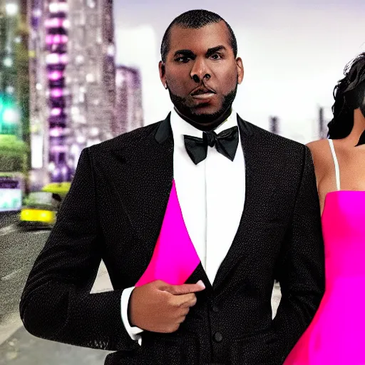 Image similar to A black man wearing white suit and a black tie with a white woman wearing a pink!!! dress on street at night , traffic in background , highly detailed!! face!!!