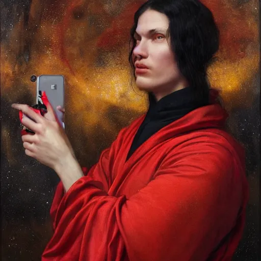 Image similar to black hole face dressed in red robe takes a selfie | highly detailed oil painting, hyperrealistic, very intrincate | cinematic lighting, award - winning | by roberto ferri, gustav klimt, william waterhouse and tom bagshaw | by austin osman spare and william blake, trending on artstation, cgsociety, official art, octane.