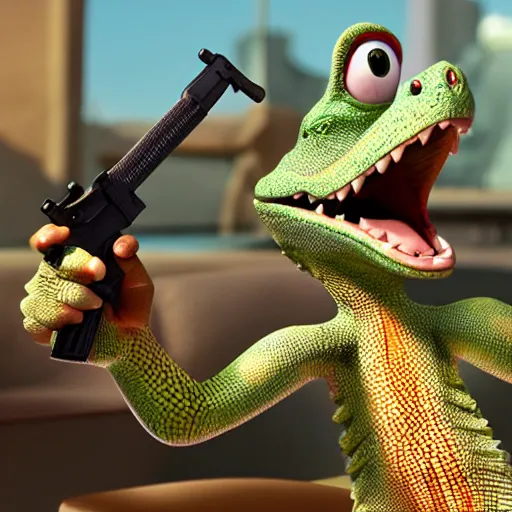 Prompt: toony lizard with a gun 3d Pixar