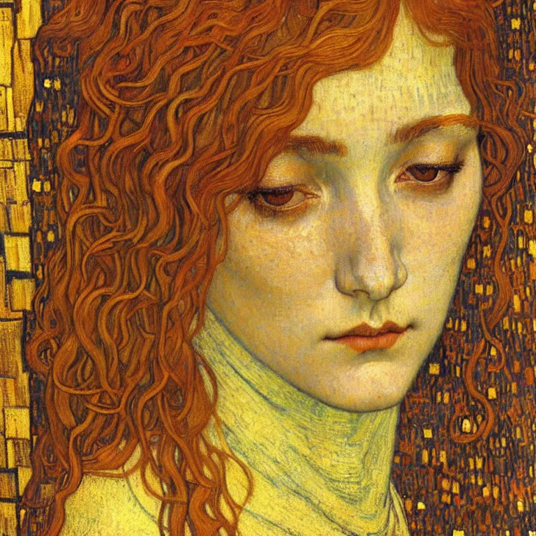 Image similar to detailed realistic beautiful young medieval queen face portrait by jean delville, gustav klimt and vincent van gogh, art nouveau, symbolist, visionary, gothic, pre - raphaelite, muted earthy colors, desaturated