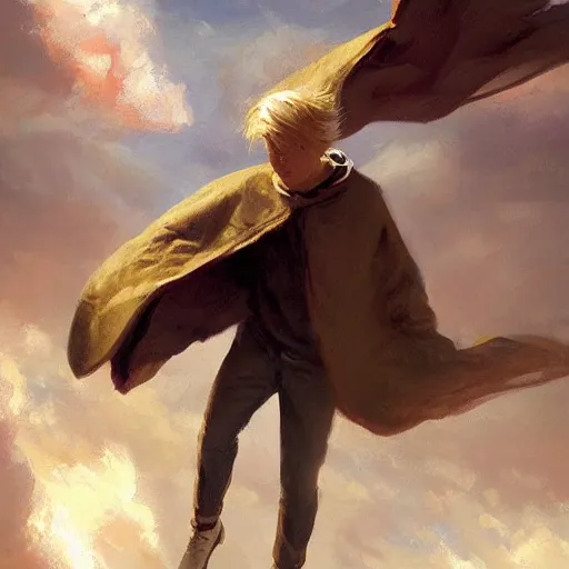 Prompt: blonde boy wearing a brown cape and flying in t pose, closeup, powerful, space background, oil painting, brush strokes, greg rutkowski