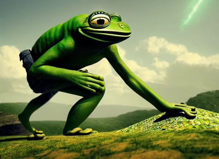 Prompt: hyper realistic detailed image of green athletic pepe the frog pushing huge metallic cube up a hill, sisyphus compostition, by ayami kojima, amano, beeple, greg hildebrandt, and mark brooks, mystical, renaissance color palette, cinematic light, low angle, long cinematic shot by andrei tarkovsky, extremely detailed, very coherent symmetrical artwork