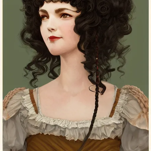 Prompt: character portrait of regency era audrey horne in the marketplace, color page, 4K, tone mapping, doll, Akihiko Yoshida, James_Jean_Andrei_Riabovitchev_Marc_Simonetti, Yoshitaka Amano, digital illustration, braided hair, ringlet, curls