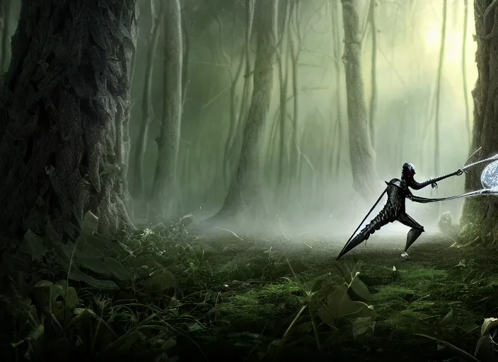 Image similar to knight fights off a giant white spider in a forest. highly detailed 8 k. intricate. lifelike. soft light. fantasy horror style. cinematic post - processing