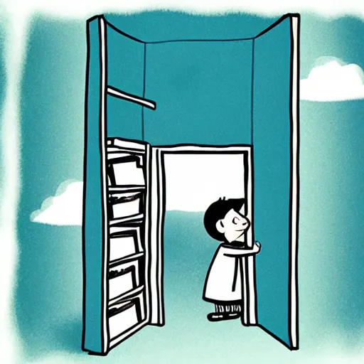 Image similar to storybook illustration of an open wardrobe revealing the entrance to a fantastic world featuring diary of a wimpy kid, storybook illustration, monochromatic