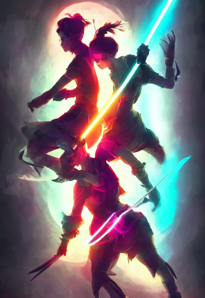 Image similar to , woman with illuminated sword and android with neon gloves fighting a shadow demon, digital effects fantasy ,digital art, illustration, stylized, cel shaded