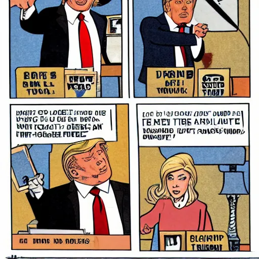 Image similar to donald trump, comic book panels, white house,