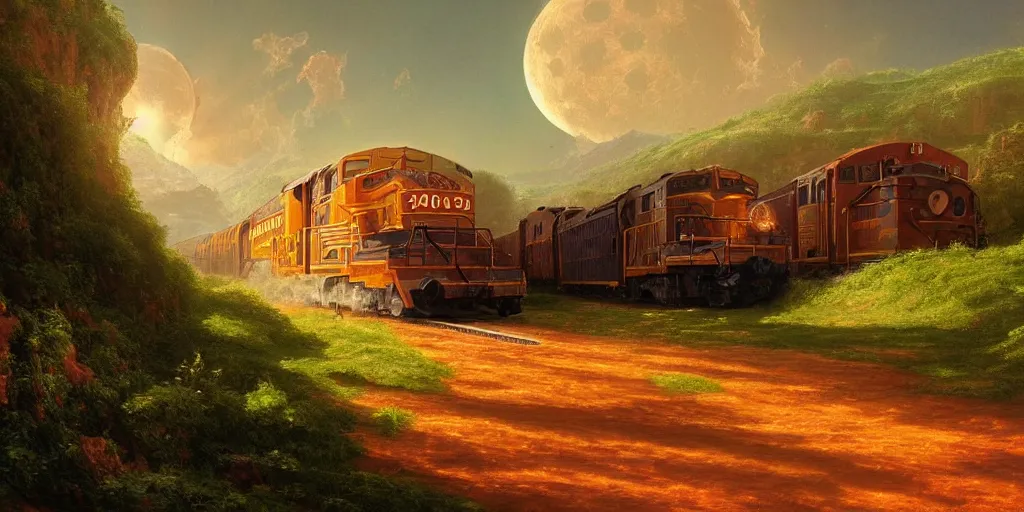 Image similar to very detailed and perfectly readable fine and soft relevant out of lines soft edges painting by beautiful walt disney animation films of the late 1 9 9 0 s and thomas cole in hd, we see a scrapped train in the middle of a lunar landscape, nice lighting, perfect readability, uhd upscale