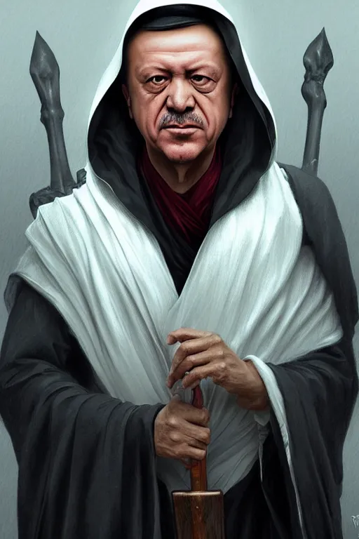 Image similar to Recep Tayyip Erdogan as Grim Reaper in a hood, portrait, highly detailed, digital painting, artstation, concept art, smooth, sharp focus, illustration, cinematic lighting, art by artgerm and greg rutkowski and alphonse mucha