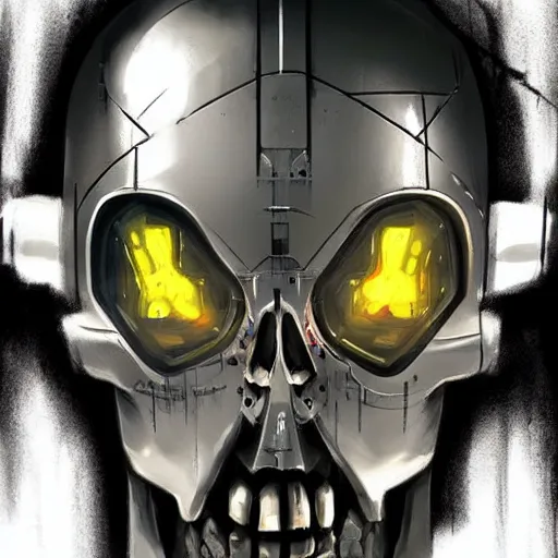 Image similar to skull - headed robot cyborg painting, illutstration, concept art, cyberpunk, futurism, comics art, artgerm, full body shot