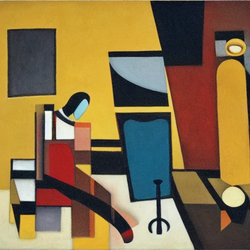 Prompt: a man sitting in a room feeling weird, wassily kandinsky