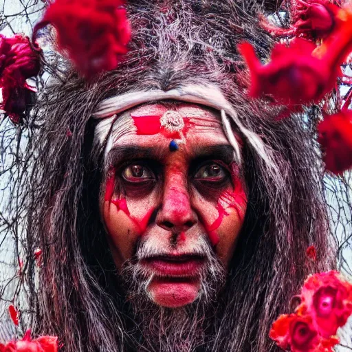 Image similar to 3 5 mm coloured film portrait of strange female aghori sadhu covered in ash creature, hyperrealism, celestial red flowers vibe, photorealistic, detailed, atmospheric, 8 k, award winning photography, cinematic