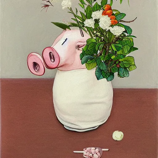 Prompt: “a portrait in an art student’s apartment, a feminine pig wearing white cotton stained with fresh juicy berries, pork, ikebana white flowers, white wax, squashed berries, acrylic and spray paint and oilstick on canvas, by munch and Dali”