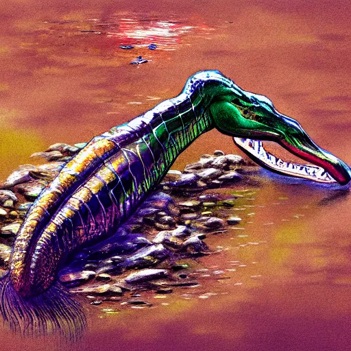 Image similar to curious indian gharial sliding through the mud, digital art, artstation, colorful