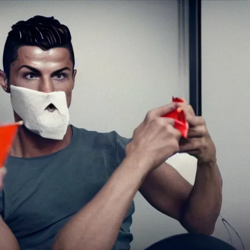 Image similar to cristiano ronaldo eating from doritos in the toilet, cinematic composition, 4 k, movie still